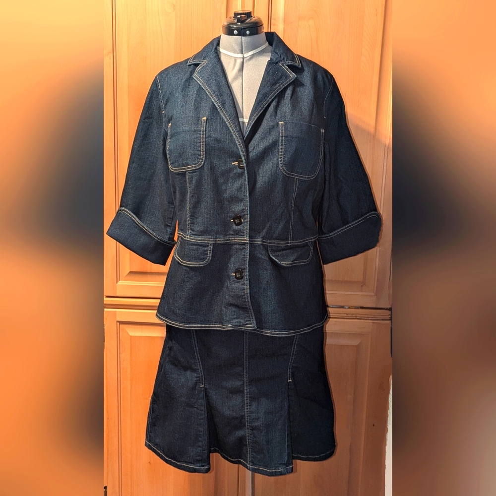 Apostrophe Stretch Jacket 20W and Skirt 18 Navy Denim